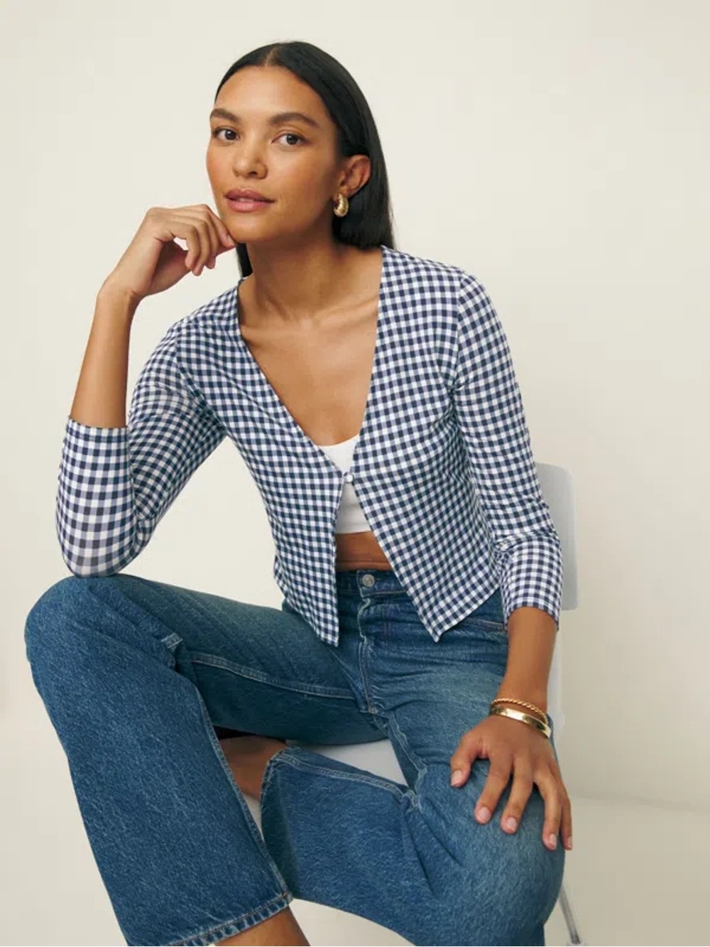 Reformation Janine Knit Cardigan Blue Checked Size XS